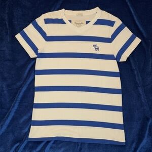 Vintage Abercrombie & Fitch Blue and White Striped V Neck Tee